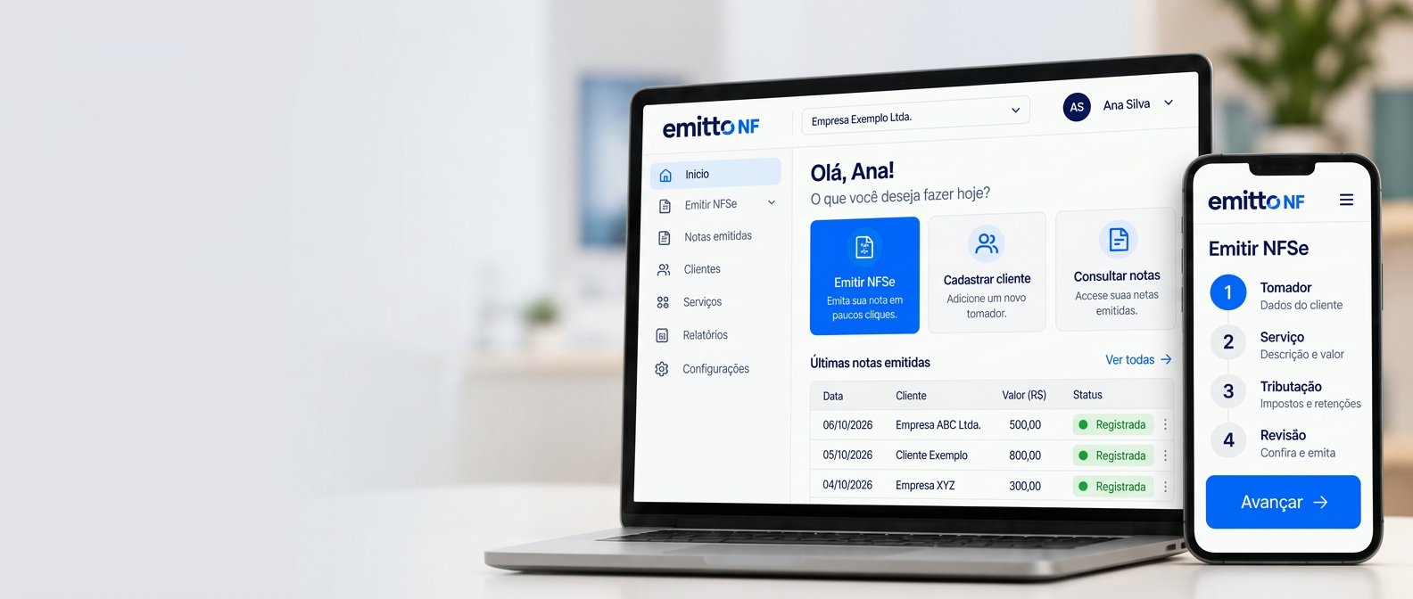 Painel do emitto NF no notebook e emissão no celular
